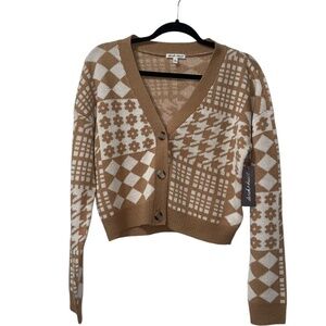Derek Heart Brown White Long Sleeve button Down Cardigan Sweater‎ Top Sz M